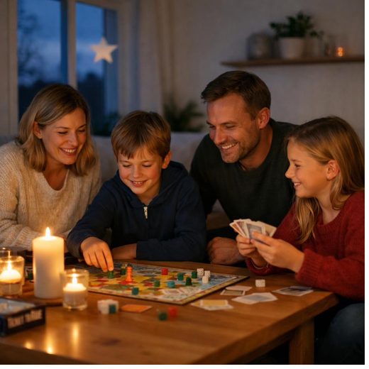 Familie spiller brettspill ved levende lys under strømbrudd