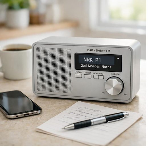 DAB-radio, mobiltelefon og notatblokk på et kjøkkenbord